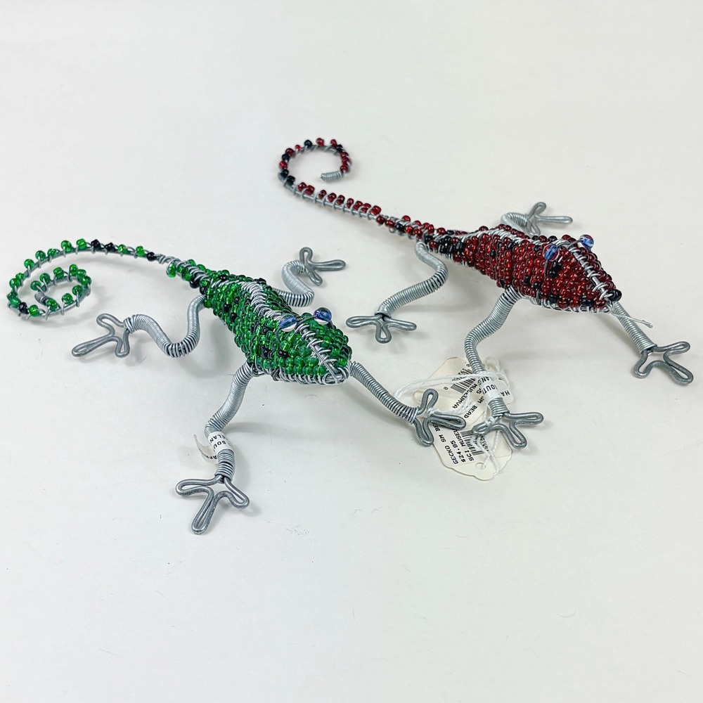 NEW Set of 2 Beaded & Metal Gecko‎ Lizard Figures Handmade in South Africa